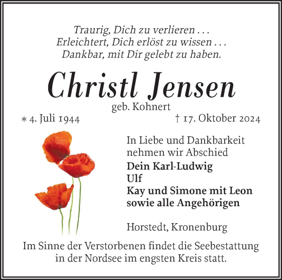 Traueranzeige von Christl Jensen von Husumer Nachrichten, Nordfriesland Tageblatt