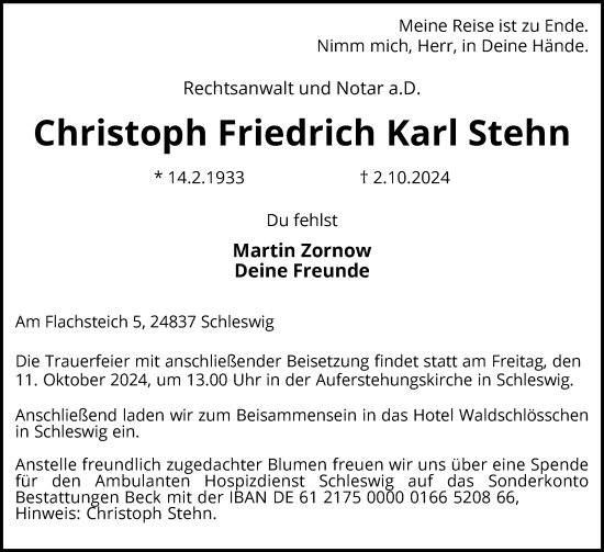 Traueranzeige von Christoph Friedrich Karl Stehn von Schleswig-Holsteinische Landeszeitung