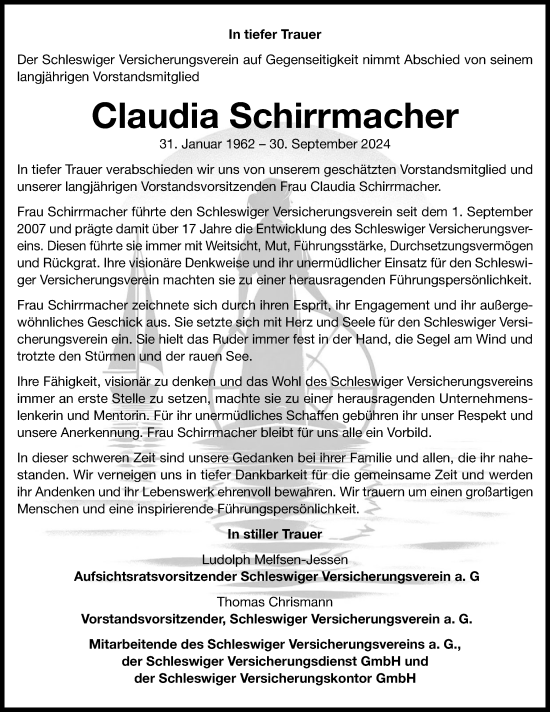 Traueranzeige von Claudia Schirrmacher von Husumer Nachrichten, Nordfriesland Tageblatt