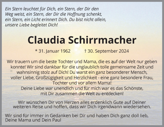 Traueranzeige von Claudia Schirrmacher von Husumer Nachrichten, Nordfriesland Tageblatt