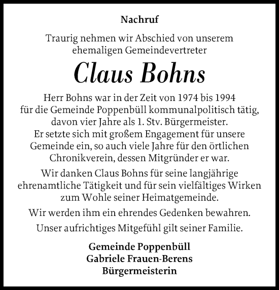 Traueranzeige von Claus Bohns von Husumer Nachrichten, Nordfriesland Tageblatt