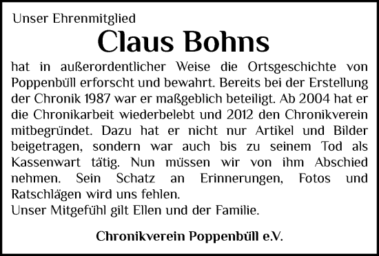 Traueranzeige von Claus Bohns von Husumer Nachrichten, Nordfriesland Tageblatt