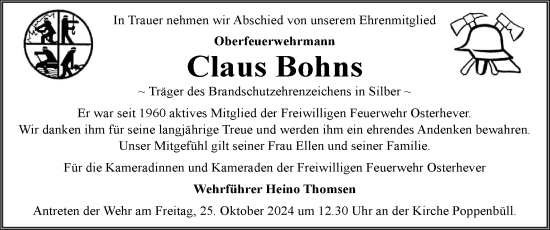 Traueranzeige von Claus Bohns von Husumer Nachrichten, Nordfriesland Tageblatt