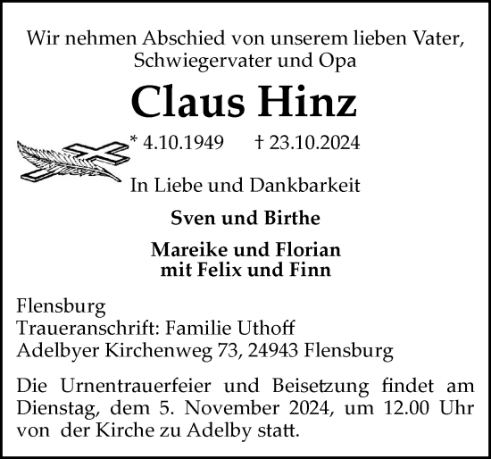 Traueranzeige von Claus Hinz von Sylter Rundschau