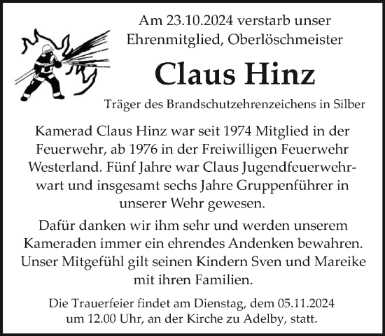 Traueranzeige von Claus Hinz von Sylter Rundschau