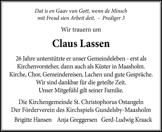 Traueranzeige von Claus Lassen von Schleswiger Nachrichten, Schlei-Bote