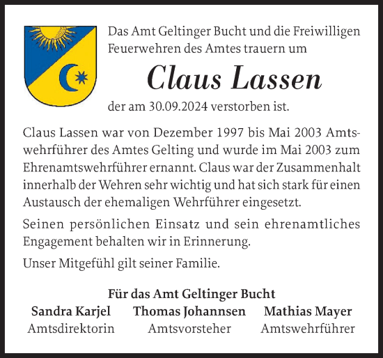 Traueranzeige von Claus Lassen von Schleswiger Nachrichten, Schlei-Bote