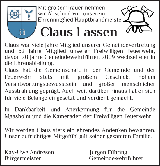 Traueranzeige von Claus Lassen von Schleswiger Nachrichten, Schlei-Bote