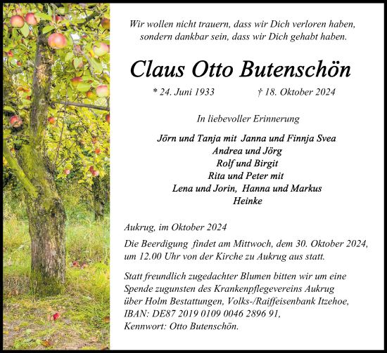 Traueranzeige von Claus Otto Butenschön von Holsteinischer Courier