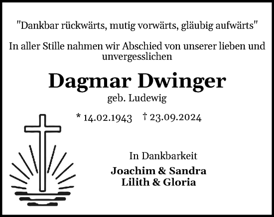 Traueranzeige von Dagmar Dwinger von Holsteinischer Courier