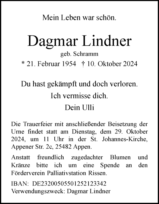 Traueranzeige von Dagmar Lindner von Region Pinneberg und tip Pinneberg