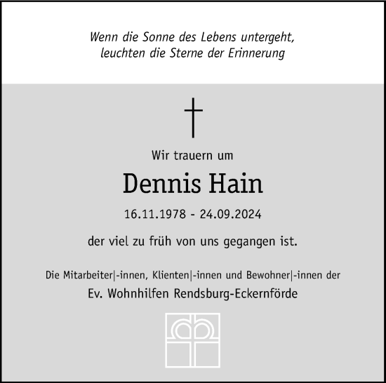 Traueranzeige von Dennis Hain von Eckernförder Zeitung, Hallo Eckernförde