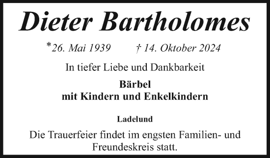 Traueranzeige von Dieter Bartholomes von Husumer Nachrichten, Nordfriesland Tageblatt