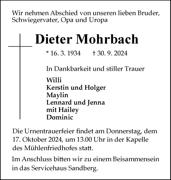 Traueranzeige von Dieter Mohrbach von Flensburger Tageblatt