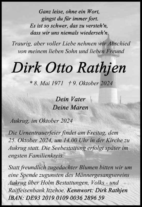 Traueranzeige von Dirk Otto Rathjen von Schleswig-Holsteinische Landeszeitung