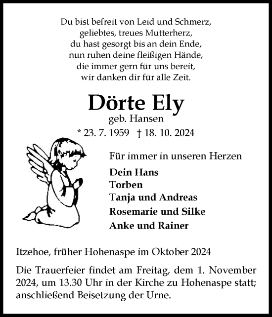 Traueranzeige von Dörte Ely von Norddeutsche Rundschau, Wilstersche Zeitung, Glückstädter Fortuna