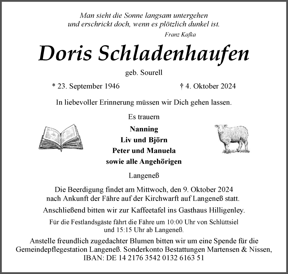  Traueranzeige für Doris Schladenhaufen vom 08.10.2024 aus Region Flensburg