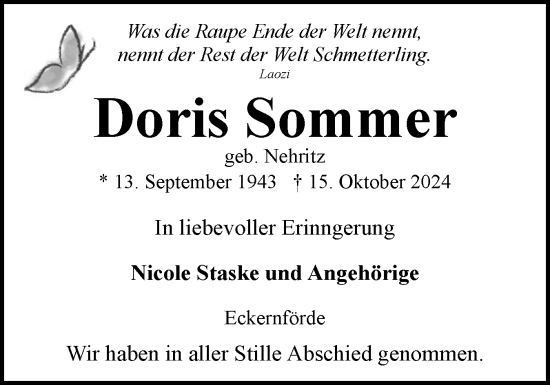 Traueranzeige von Doris Sommer von Eckernförder Zeitung, Hallo Eckernförde