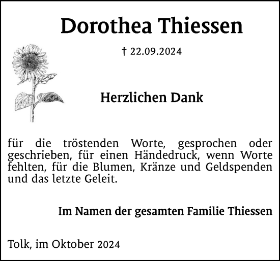 Traueranzeige von Dorothea Thiessen von Schleswiger Nachrichten, Schlei-Bote