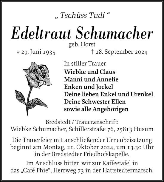 Traueranzeige von Edeltraut Schumacher von Husumer Nachrichten, Nordfriesland Tageblatt