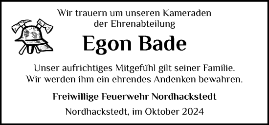 Traueranzeige von Egon Bade von Flensburger Tageblatt