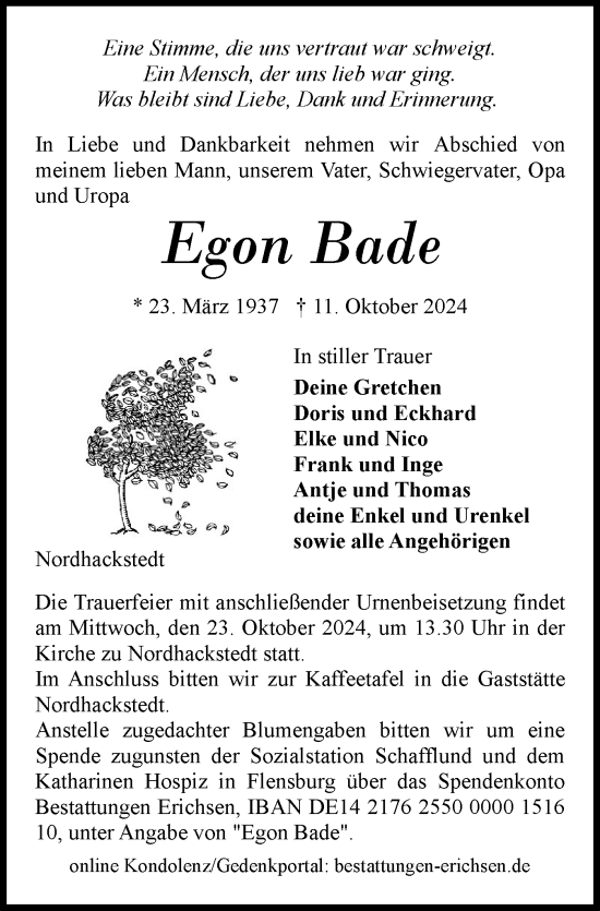 Traueranzeige von Egon Bade von Region Flensburg