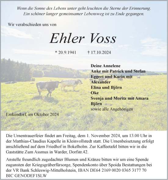 Traueranzeige von Ehler Voss von Schleswig-Holsteinische Landeszeitung