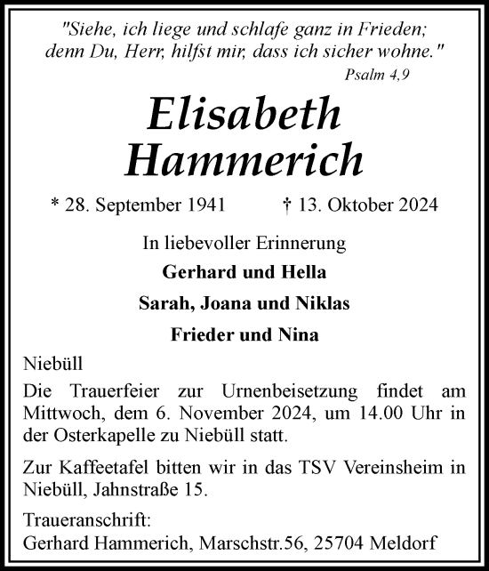 Traueranzeige von Elisabeth Hammerich von Husumer Nachrichten, Nordfriesland Tageblatt