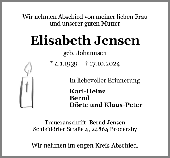 Traueranzeige von Elisabeth Jensen von Schleswiger Nachrichten, Schlei-Bote