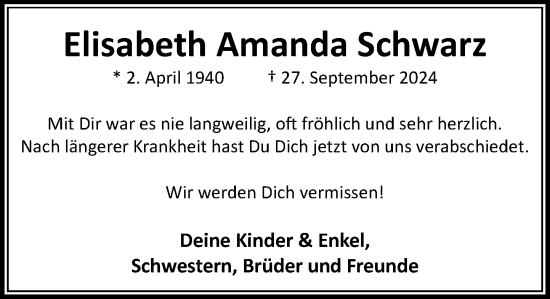 Traueranzeige von Elisabeth Amanda Schwarz von Stormaner Tageblatt