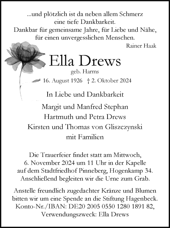 Traueranzeige von Ella Drews von Region Pinneberg und tip Pinneberg