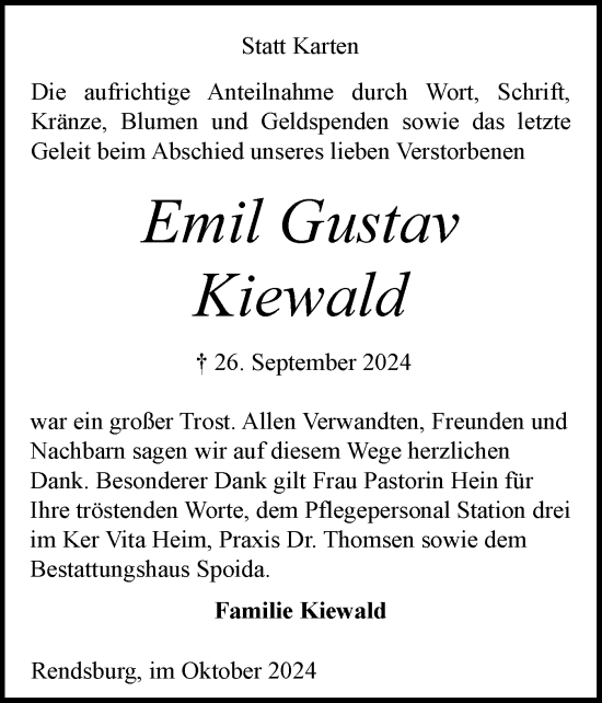 Traueranzeige von Emil Gusatv Kiewald von Schleswig-Holsteinische Landeszeitung