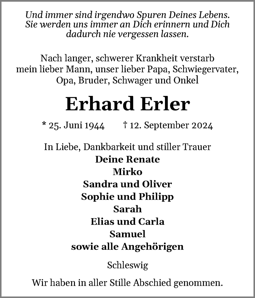  Traueranzeige für Erhard Erler vom 05.10.2024 aus Schleswiger Nachrichten, Schlei-Bote