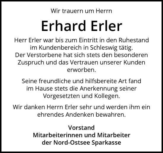 Traueranzeige von Erhard Erler von Schleswiger Nachrichten, Schlei-Bote