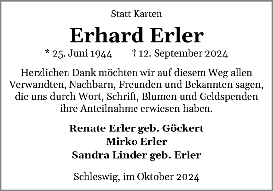 Traueranzeige von Erhard Erler von Schleswiger Nachrichten, Schlei-Bote