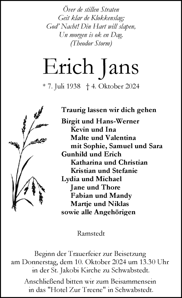  Traueranzeige für Erich Jans vom 08.10.2024 aus Husumer Nachrichten, Nordfriesland Tageblatt