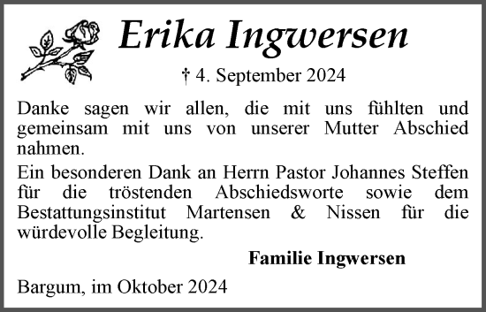 Traueranzeige von Erika Ingwersen von Husumer Nachrichten, Nordfriesland Tageblatt