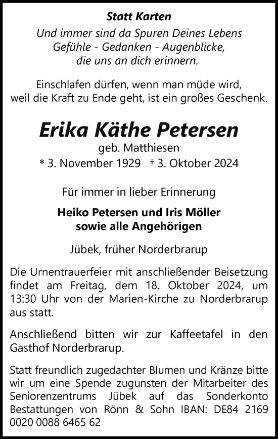 Traueranzeige von Erika Käthe Petersen von Schleswiger Nachrichten, Schlei-Bote