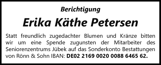 Traueranzeige von Erika Käthe Petersen von Schleswiger Nachrichten, Schlei-Bote