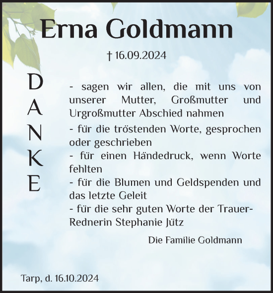 Traueranzeige von Erna Goldmann von Flensburger Tageblatt