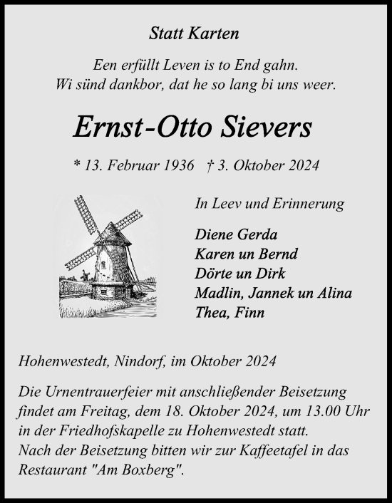 Traueranzeige von Ernst-Otto Sievers von Schleswig-Holsteinische Landeszeitung