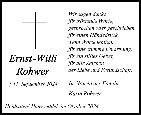 Traueranzeige von Ernst-Willi Rohwer von Schleswig-Holsteinische Landeszeitung