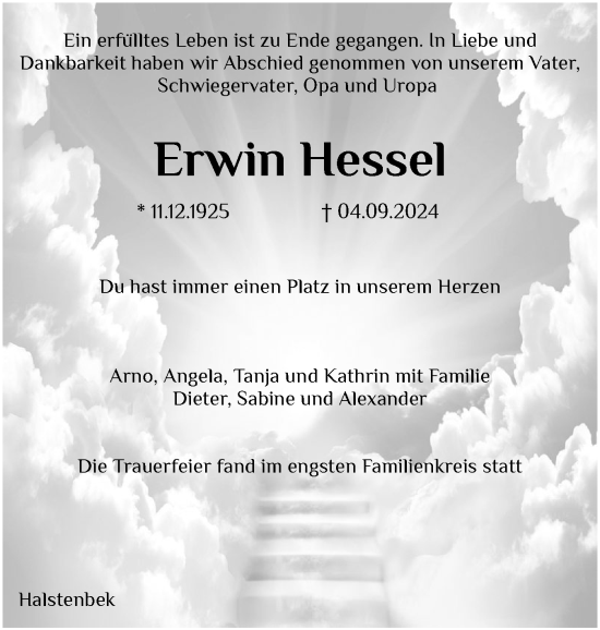 Traueranzeige von Erwin Hessel von Region Pinneberg und tip Pinneberg