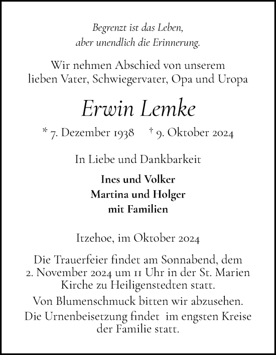 Traueranzeige von Erwin Lemke von Norddeutsche Rundschau, Wilstersche Zeitung, Glückstädter Fortuna