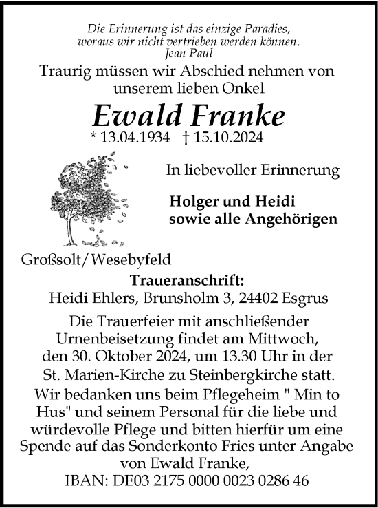 Traueranzeige von Ewald Franke von Flensburger Tageblatt