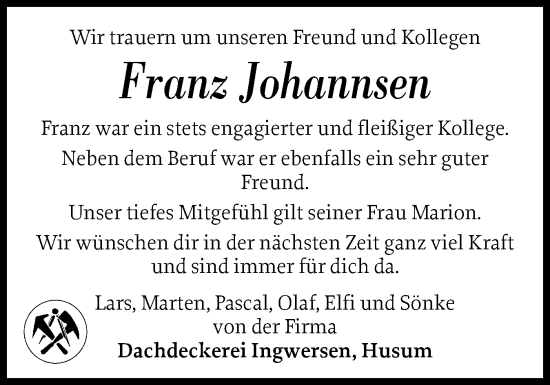 Traueranzeige von Franz Johannsen von Husumer Nachrichten, Nordfriesland Tageblatt