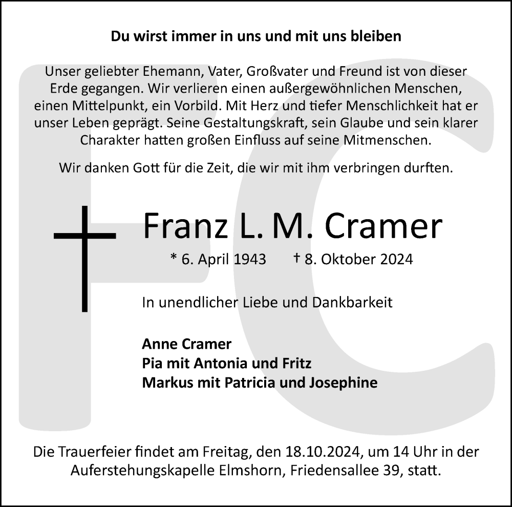  Traueranzeige für Franz L.M. Cramer vom 12.10.2024 aus Elmshorner Nachrichten, Barmstedter Zeitung