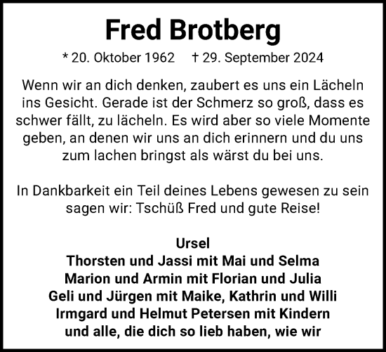 Traueranzeige von Fred Brotberg von Region Flensburg