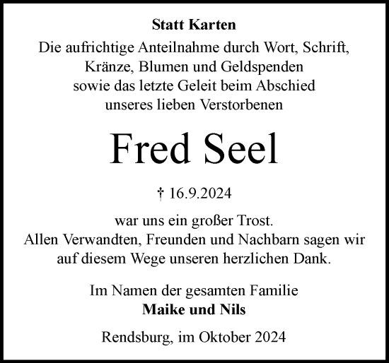 Traueranzeige von Fred Seel von Schleswig-Holsteinische Landeszeitung