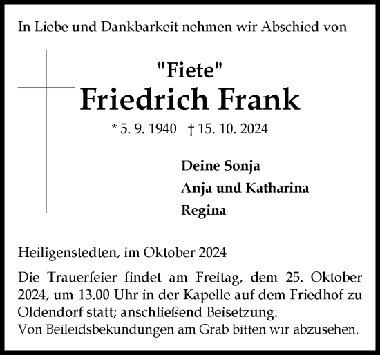 Traueranzeige von Friedrich Frank von Norddeutsche Rundschau, Wilstersche Zeitung, Glückstädter Fortuna